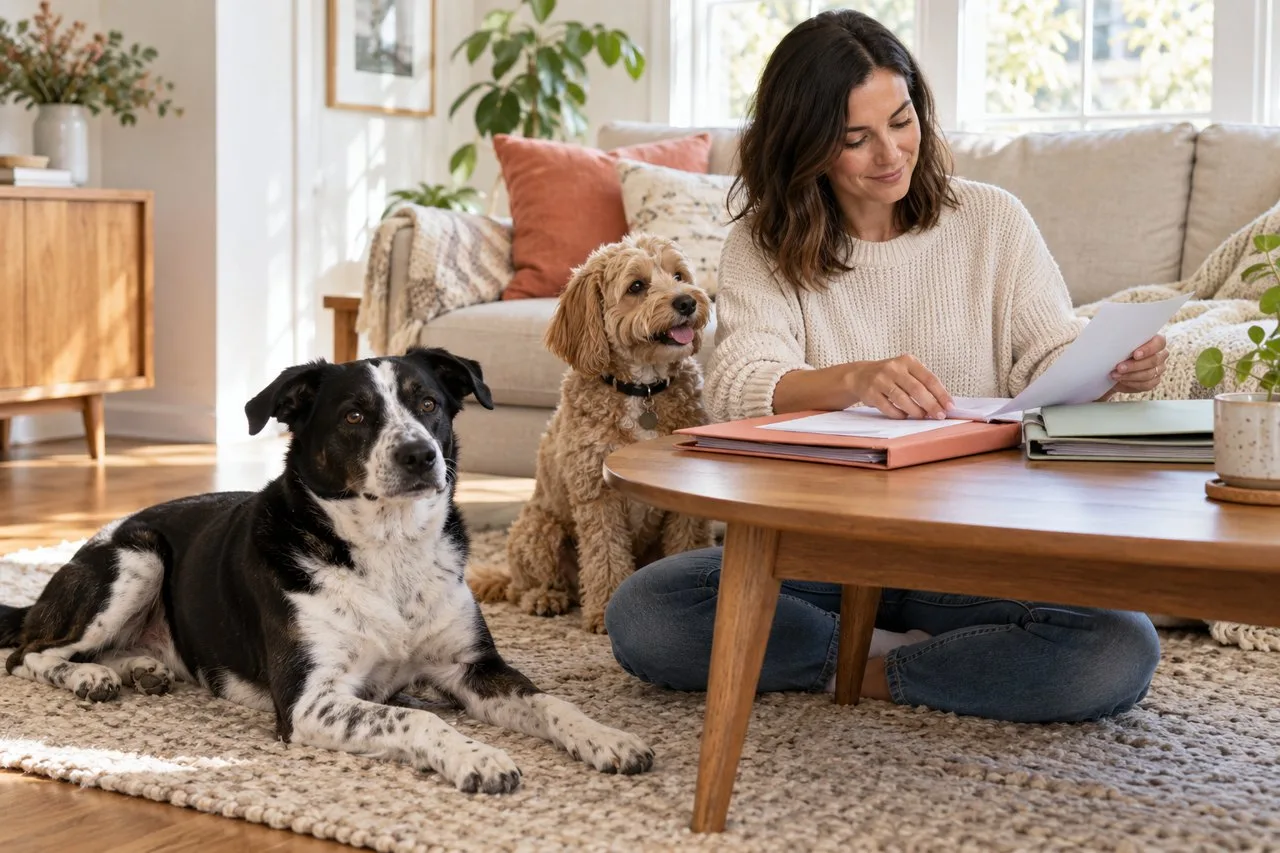 Owner reviewing folders beside two dogs at a low table